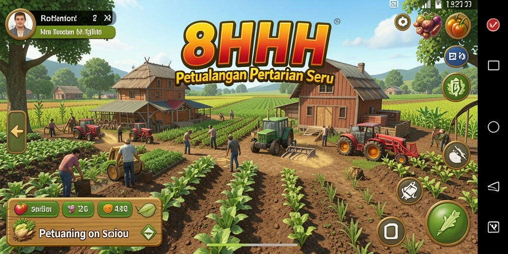 Screenshot gameplay 8HHH menampilkan aktivitas bertani yang seru.