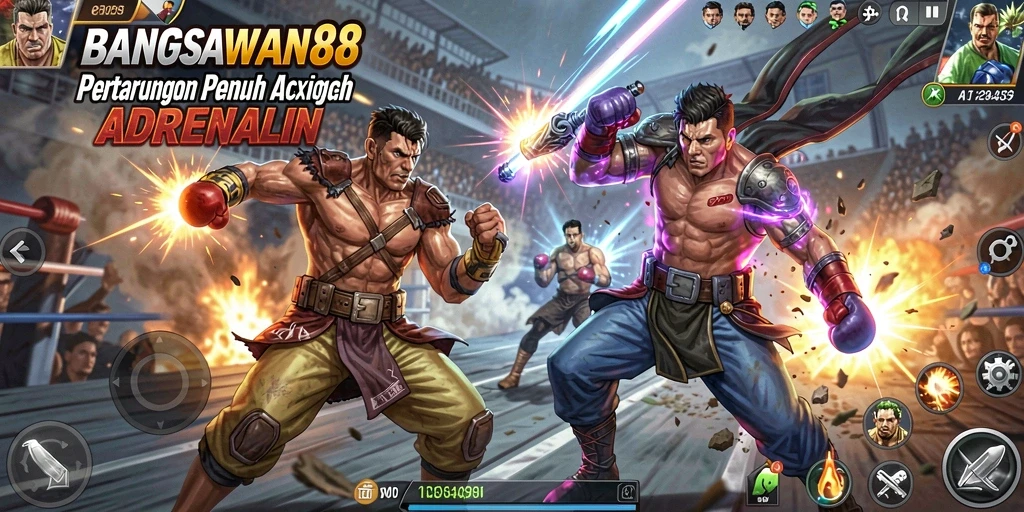 Tampilan gameplay seru dengan pertarungan intens di BANGSAWAN88.