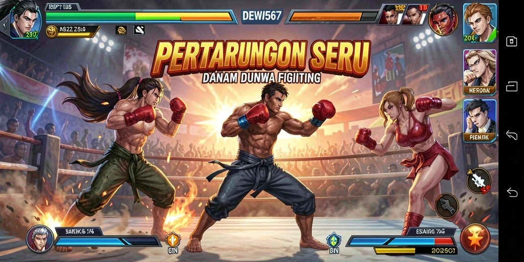 Screenshot menunjukkan pertarungan mendebarkan dan karakter unik DEWI567.