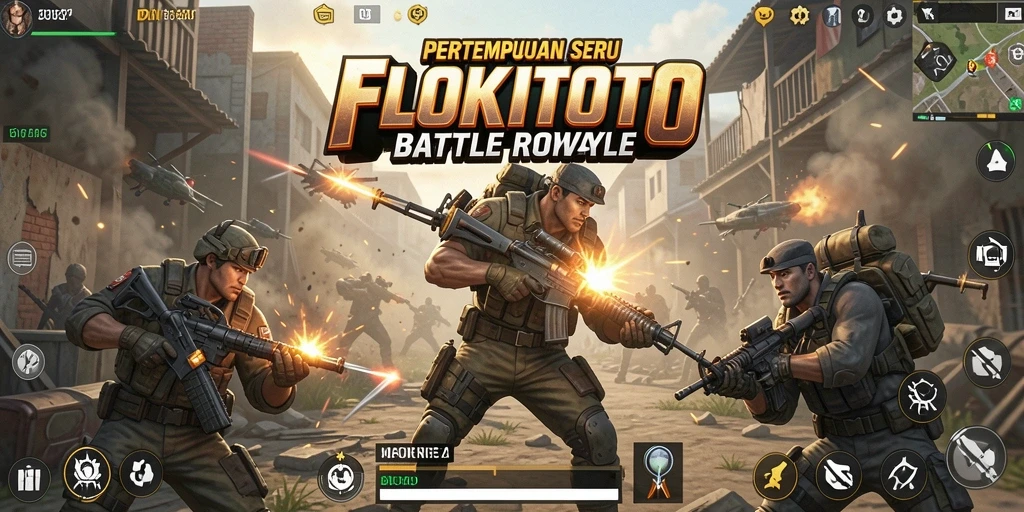 Screenshot utama FLOKITOTO menampilkan aksi intens gameplay Battle Royale.