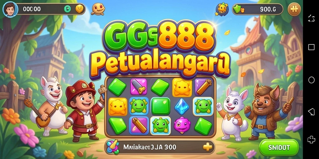 Screenshot GGG888 menampilkan gameplay penuh warna dalam aksi Match-3.