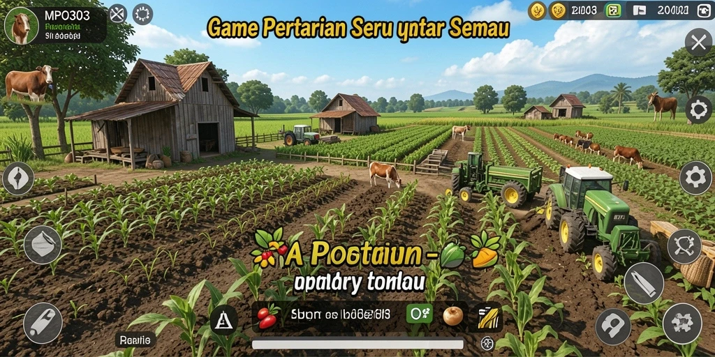 Tampilan gameplay MPO303 yang menunjukkan ladang subur dan hewan ternak.