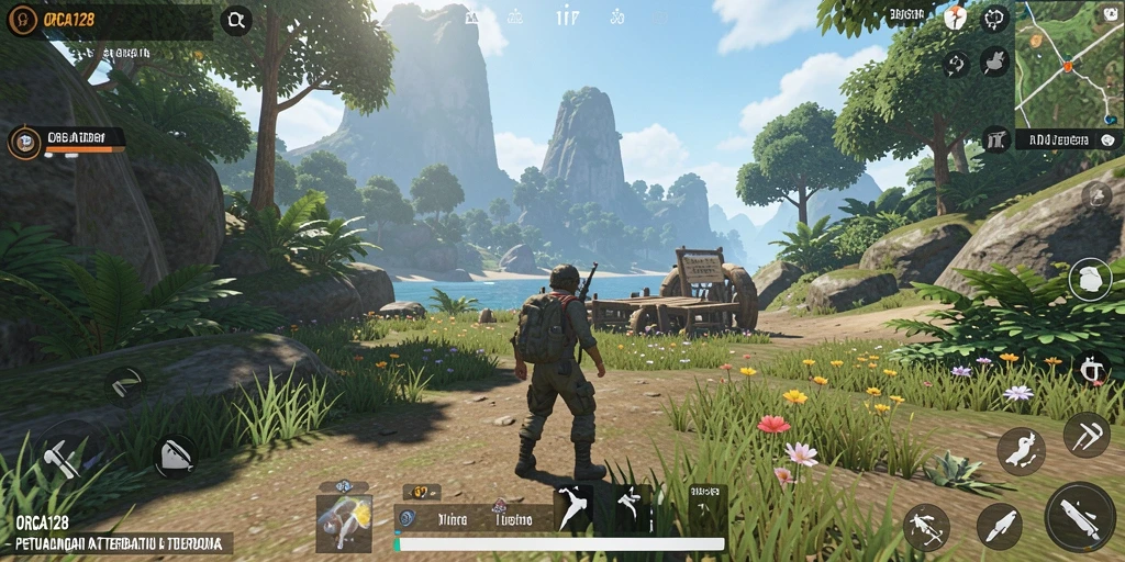 Screenshot gameplay ORCA128 menampilkan petualangan di dunia terbuka yang luas.