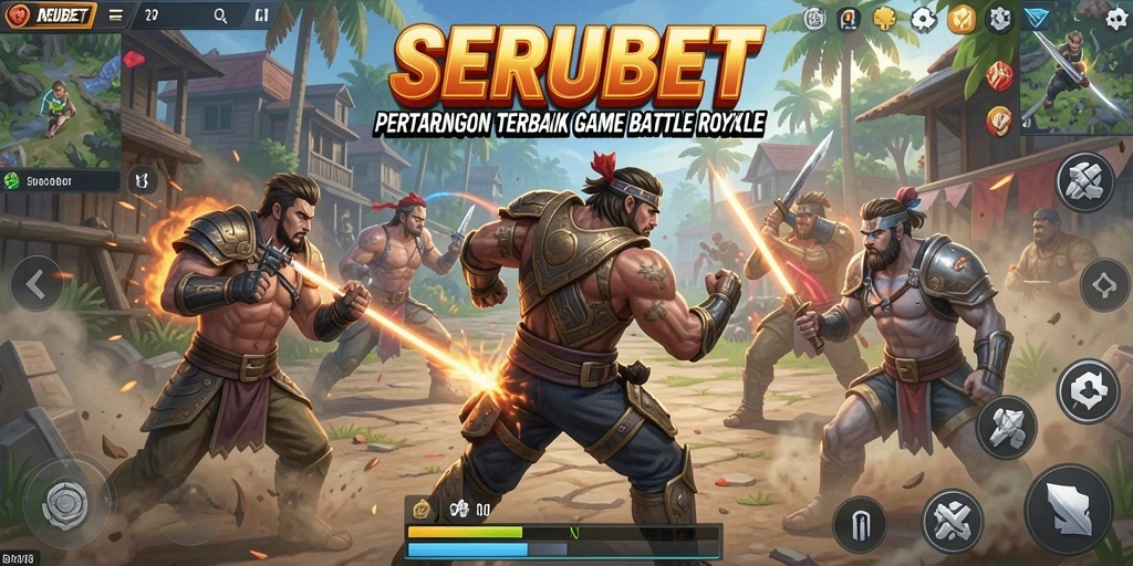 Tangkapan layar utama gameplay SERUBET menampilkan pertarungan intens Battle Royale.