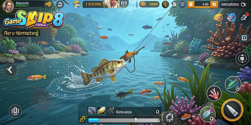 Screenshot gameplay SVIP8 yang menampilkan aksi memancing yang seru.