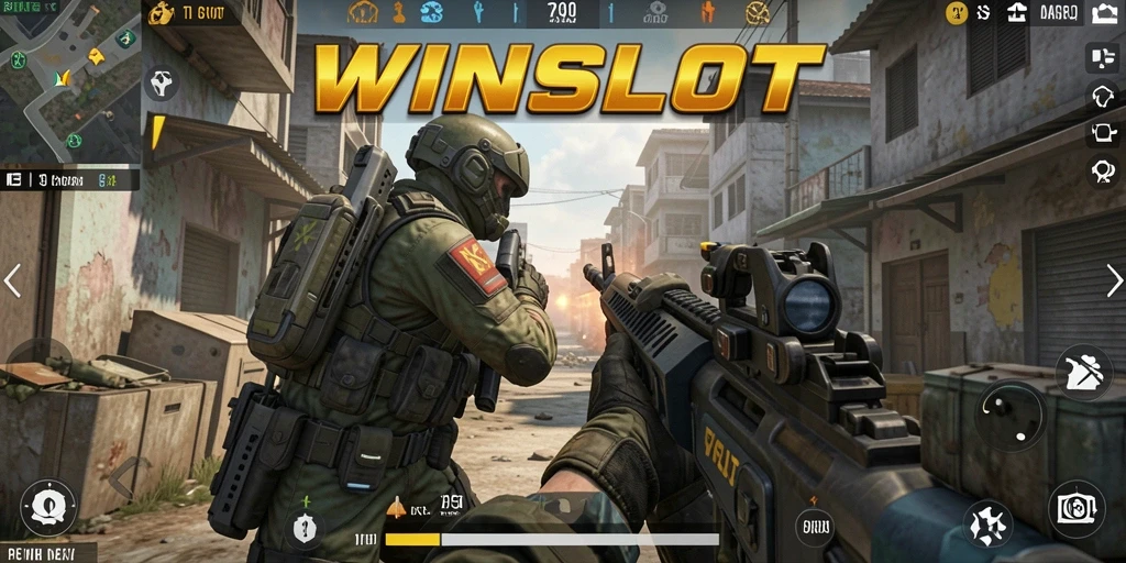 Screenshot utama WINSLOT menampilkan aksi gameplay FPS yang mendebarkan.